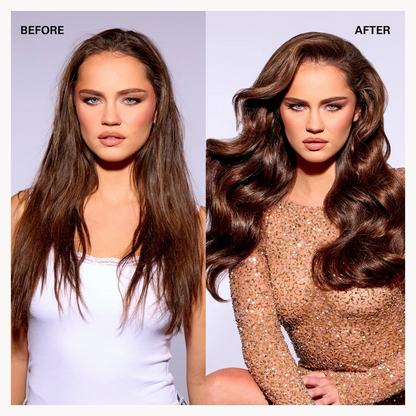 Before and after hair styling comparison of a woman with long, straight brown hair on the left and wavy, voluminous brown hair on the right, shown side by side with 'BEFORE' and 'AFTER' text labels.