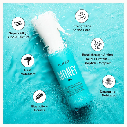 A turquoise and white spray bottle labeled 'COLOR MONEY MONEY! hair' is shown diagonally on a bright turquoise water-textured background with circular feature callouts and icons describing hair benefits.