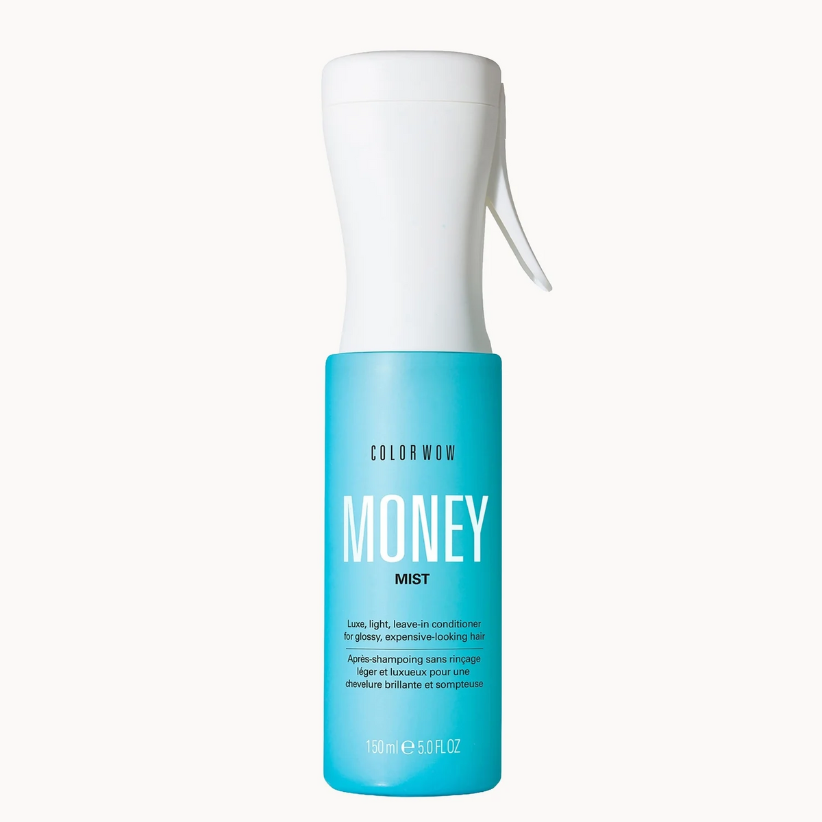 A single spray bottle of Color Wow Money Mist on a clean white background. The bottle has a bright turquoise blue lower body with white text and a white upper spray cap and trigger sprayer.
