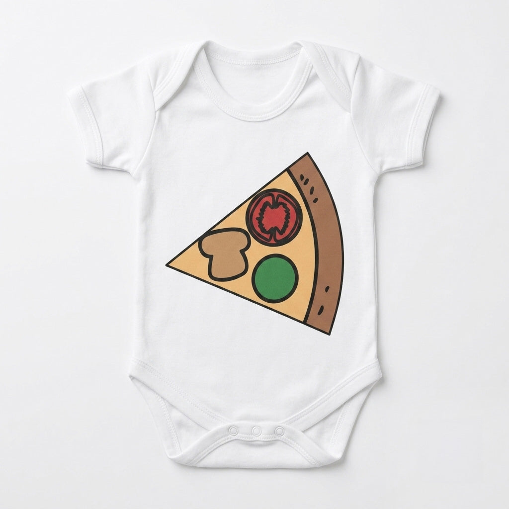 A white short-sleeve baby bodysuit featuring a cartoon-style printed slice of pizza on the front, set against a clean white background.