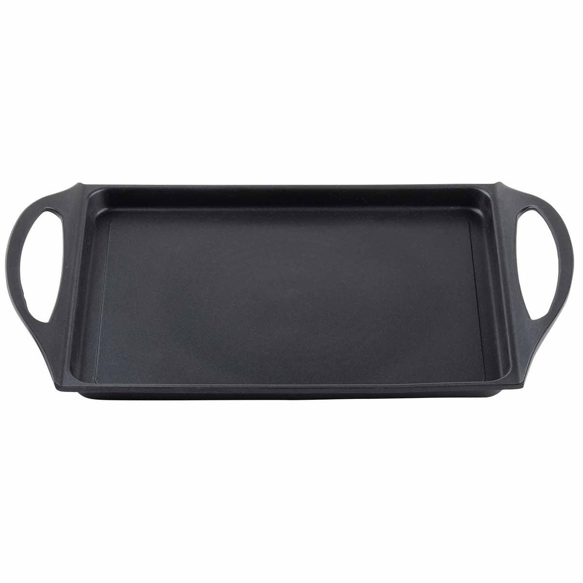 Black rectangular griddle with handles on a white background