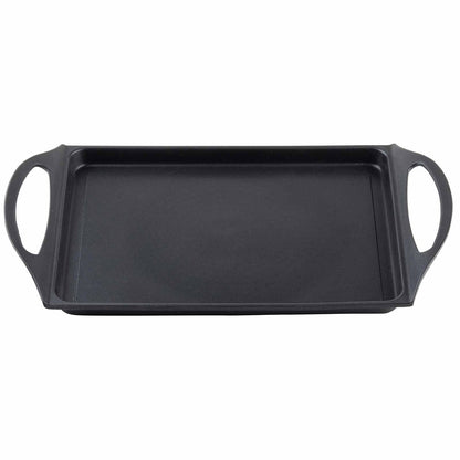 Black rectangular griddle with handles on a white background