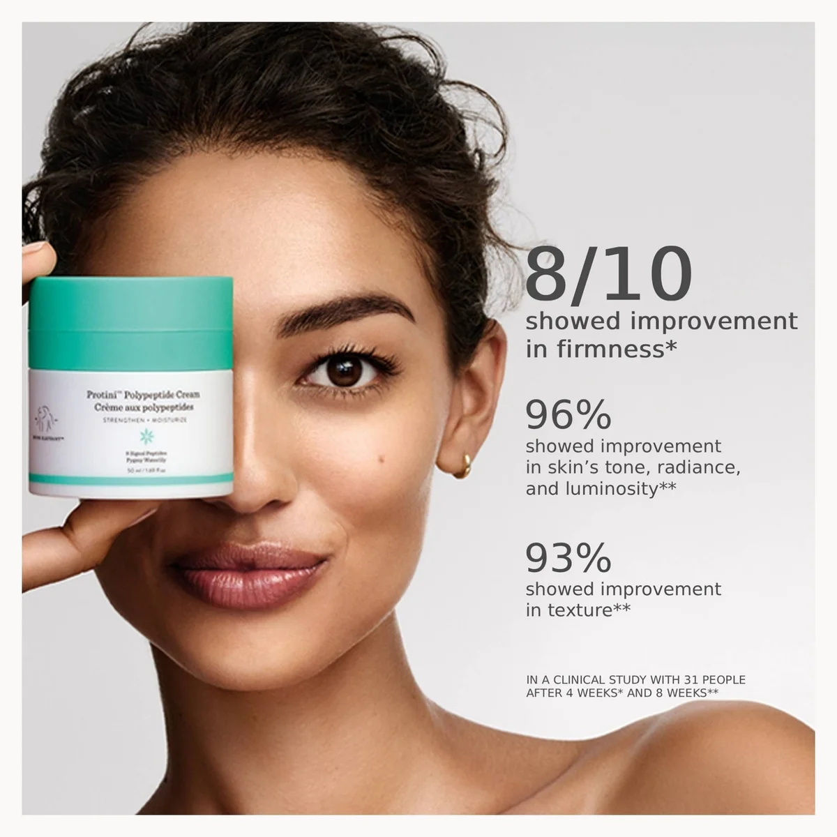 A cosmetic jar held in front of a woman's face on a light gray background, with text on the right reading '8/10 showed improvement in firmness', '96% showed improvement in skin tone, radiance, and luminosity', and '93% showed improvement in texture'.