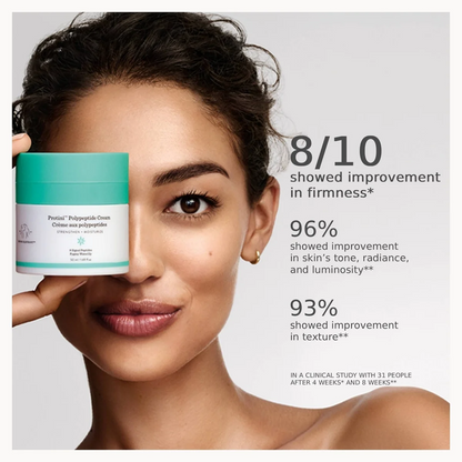 A cosmetic jar held in front of a woman's face on a light gray background, with text on the right reading '8/10 showed improvement in firmness', '96% showed improvement in skin tone, radiance, and luminosity', and '93% showed improvement in texture'.