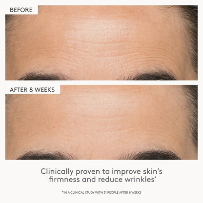 Before-and-after skin comparison showing forehead wrinkles around the eyebrows, with text reading 'BEFORE', 'AFTER 8 WEEKS', and 'Clinically proven to improve skin's firmness and reduce wrinkles'.