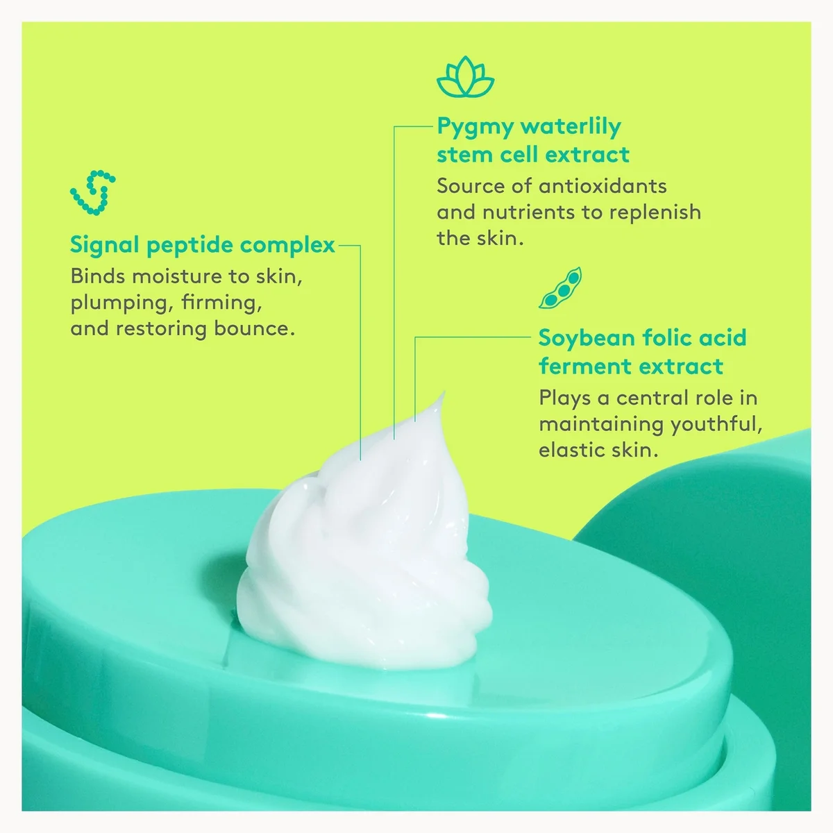 A close-up of a teal cosmetic cream swirled on top of a matching teal container, with bright lime-green background and text callouts describing skincare benefits.