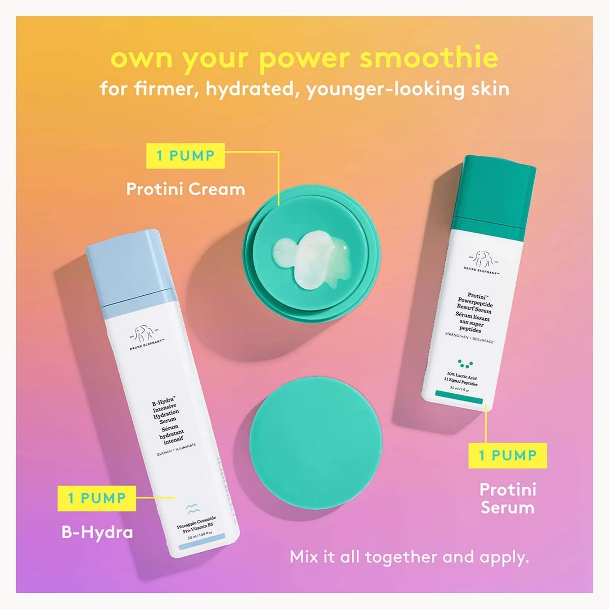 Three skincare products from Drunk Elephant are arranged on a pastel gradient background with text callouts: a white bottle labeled B-Hydra, a white bottle labeled Protini Serum, and a teal jar labeled Protini Cream. The image includes marketing text and pump indicators.