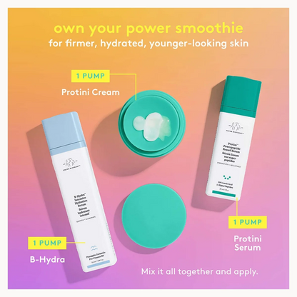 Three skincare products from Drunk Elephant are arranged on a pastel gradient background with text callouts: a white bottle labeled B-Hydra, a white bottle labeled Protini Serum, and a teal jar labeled Protini Cream. The image includes marketing text and pump indicators.