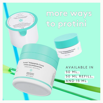 Three cosmetic cream jars in white and mint teal are shown on a mint-green graphic background with text reading 'more ways to protini' and 'AVAILABLE IN 50 ML, 50 ML REFILL, AND 15 ML.'.