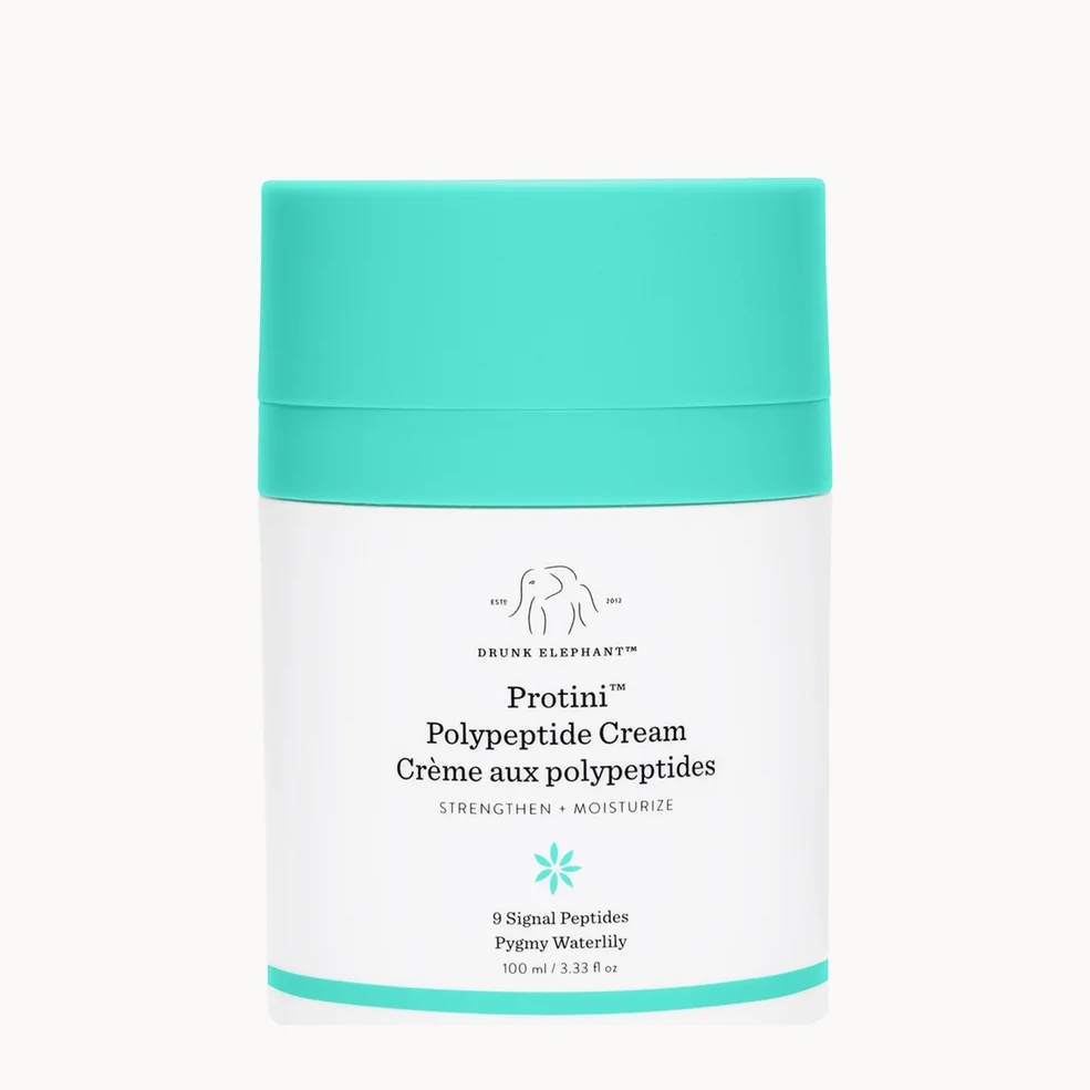 A white cosmetic cream jar with a bright turquoise cap and matching turquoise accents, labeled 'Drone Elephant Protini Polypeptide Cream' on a clean white background.