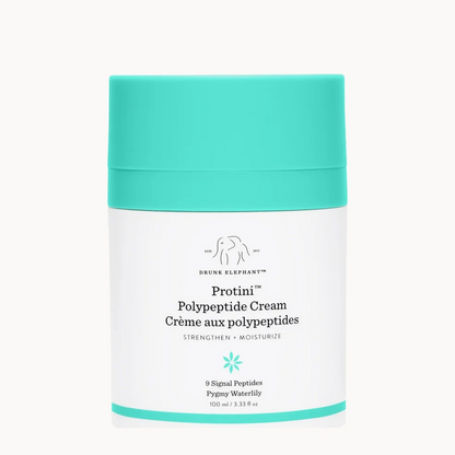 A white cosmetic cream jar with a bright turquoise cap and matching turquoise accents, labeled 'Drone Elephant Protini Polypeptide Cream' on a clean white background.