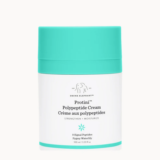A white cosmetic cream jar with a bright turquoise cap and matching turquoise accents, labeled 'Drone Elephant Protini Polypeptide Cream' on a clean white background.
