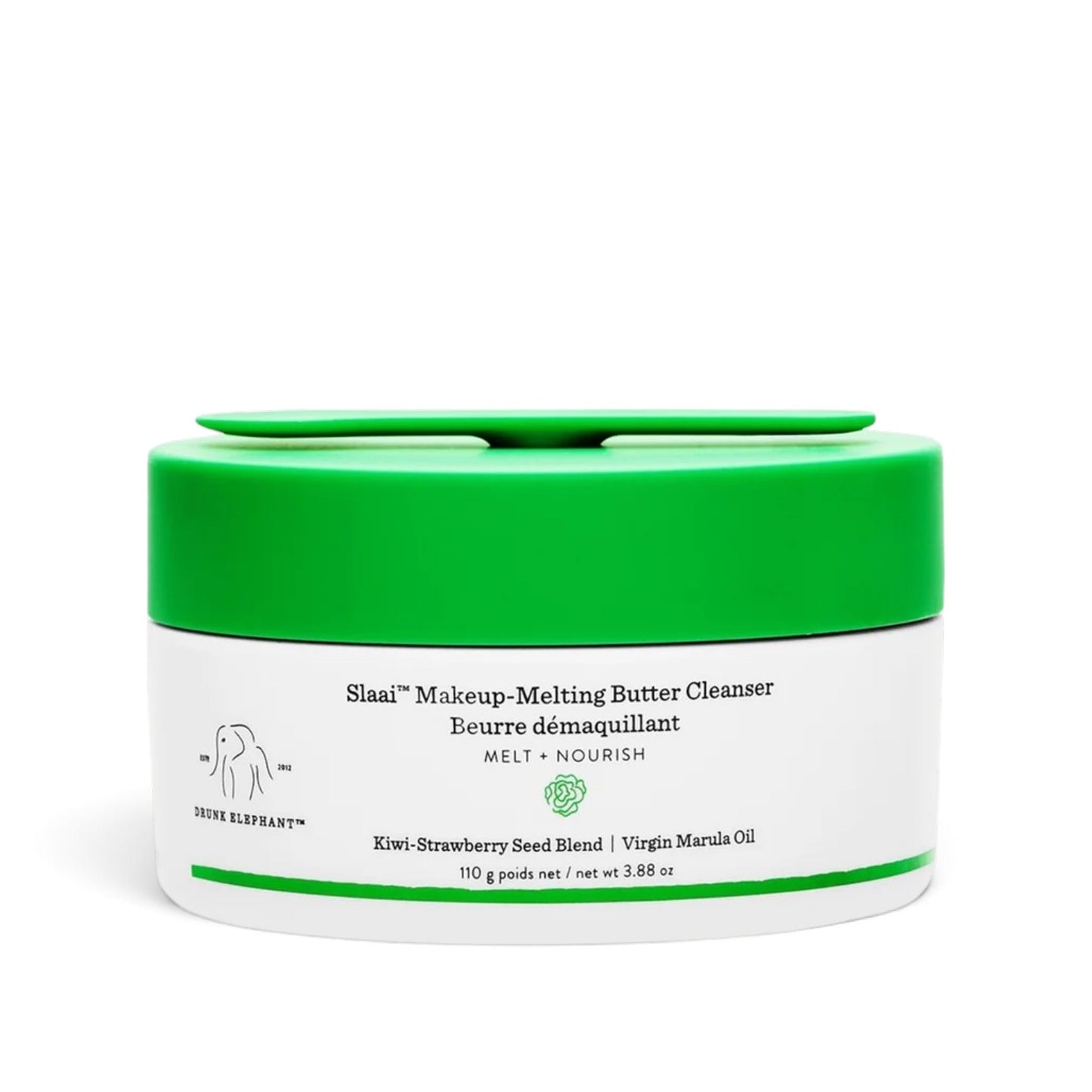 A white cosmetic jar with a bright green lid and green accents, labeled 'Siaai Makeup-Melting Butter Cleanser' by Dese Elephant, on a white background.
