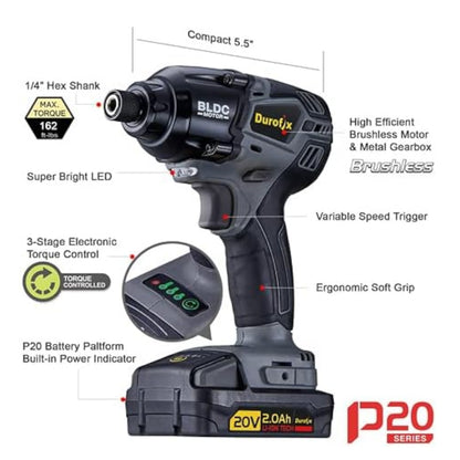 Durofix 1/4" Hex Impact Driver Full Kit 20v Li-Ion Brushless Cordless With 2.0Ah Battery & Charger
