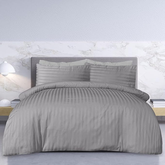 Sleepdown Hotel Collection Satin Stripe 235 Thread Count Pure Cotton KING SIZE Duvet Set