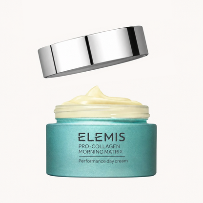 Elemis Pro-Collagen Morning Matrix cream jar with a silver lid on a white background