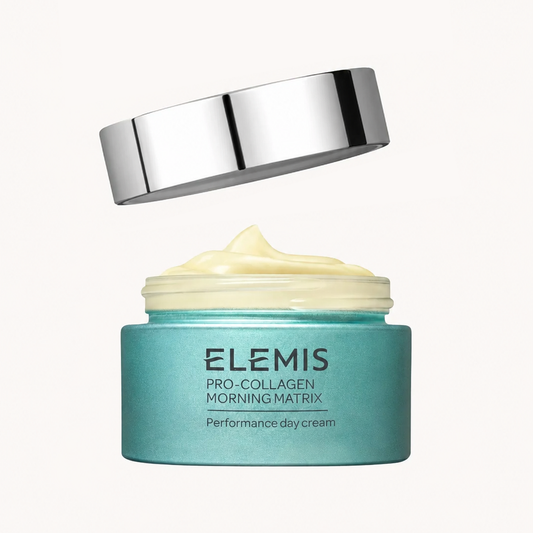 Elemis Pro-Collagen Morning Matrix cream jar with a silver lid on a white background