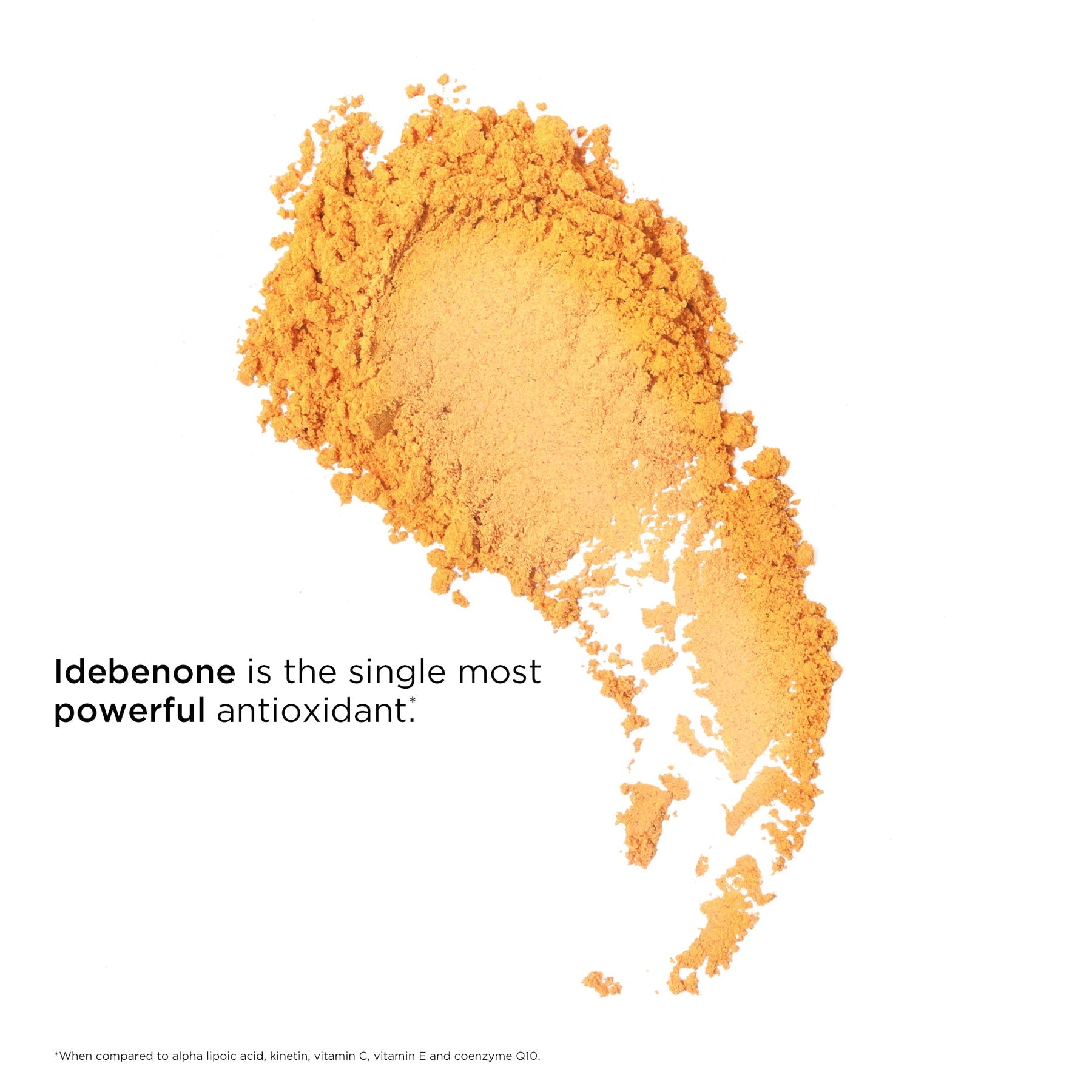 Orange powder with text about Idebenone being the single most powerful antioxidant on a white background