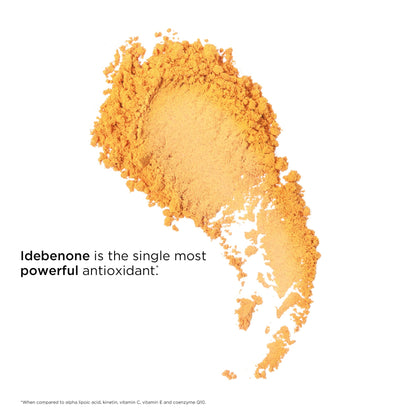 Orange powder with text about Idebenone being the single most powerful antioxidant on a white background