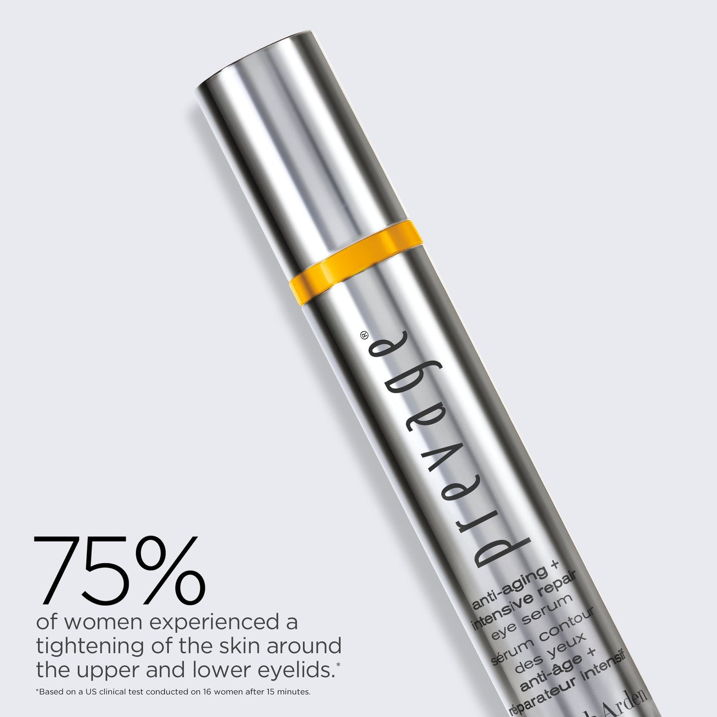 Eyelash serum with a silver and yellow design on a light gray background
