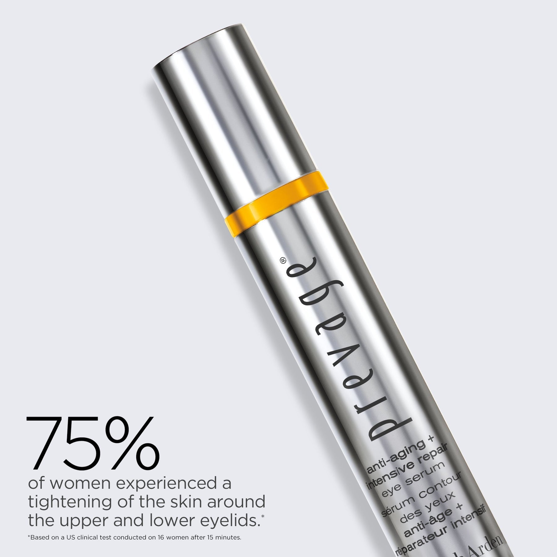 Eyelash serum with a silver and yellow design on a light gray background