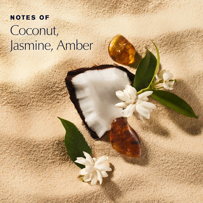 Coconut shell, amber pieces, and white flowers on a beige background with text 'Notes of Coconut, Jasmine, Amber'.