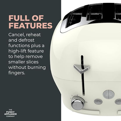 FUNKY Chunky LARGE Retro 4-slice Toaster, Extra Wide & Deep Slots, 6 Browning Levels - Cream