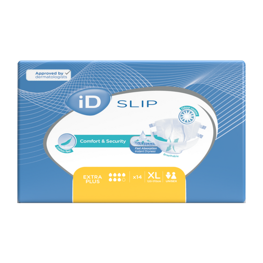 Box of iD Slip incontinence products with branding and product details on a white background