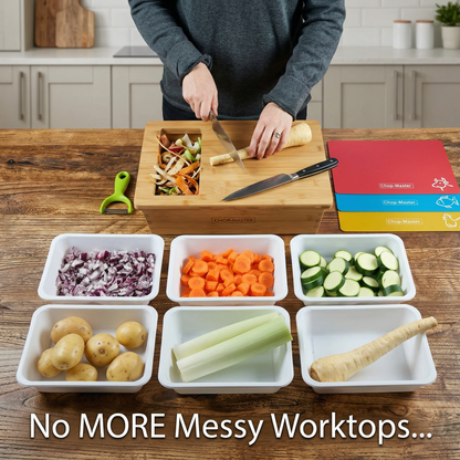 Person preparing vegetables on a wooden cutting board with containers of chopped vegetables on a kitchen counter.