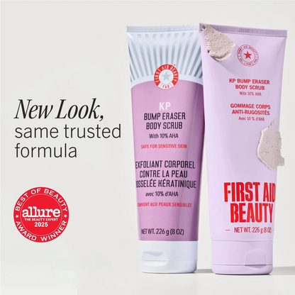 Two cosmetic body scrub tubes on a light gray background with promotional text. The left tube is labeled KP Bump Eraser Body Scrub, and the right tube is labeled First Aid Beauty KP Bump Eraser Body Scrub.