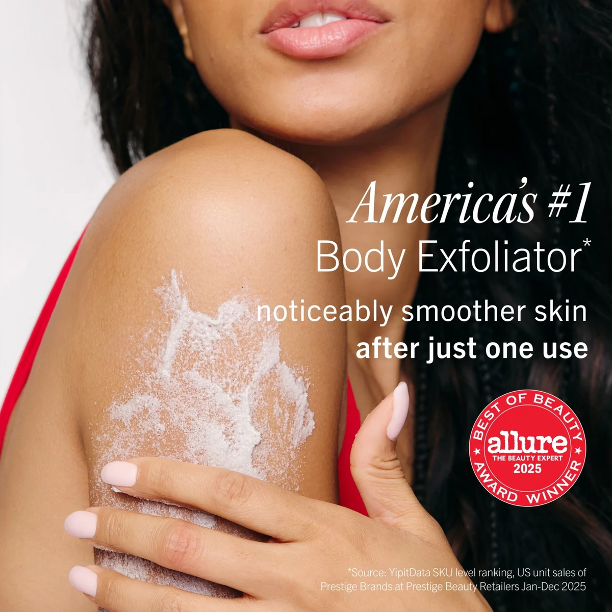Promotional graphic for a body exfoliator showing a close-up of a woman's shoulder and hand with white exfoliating scrub applied. Text reads 'America's #1 Body Exfoliator' and includes an Allure Best of Beauty 2025 award badge.