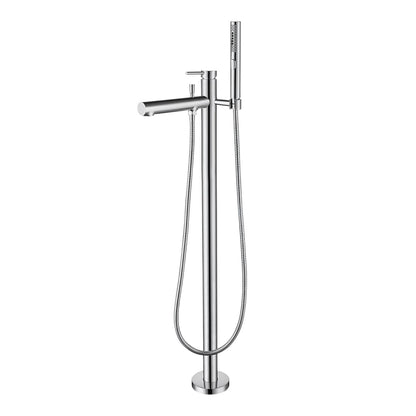 Chrome freestanding bathtub faucet with handheld shower on a white background