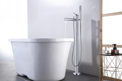 Modern freestanding bathtub with chrome faucet in a bathroom setting