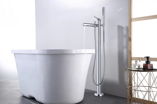Modern freestanding bathtub with chrome faucet in a bathroom setting