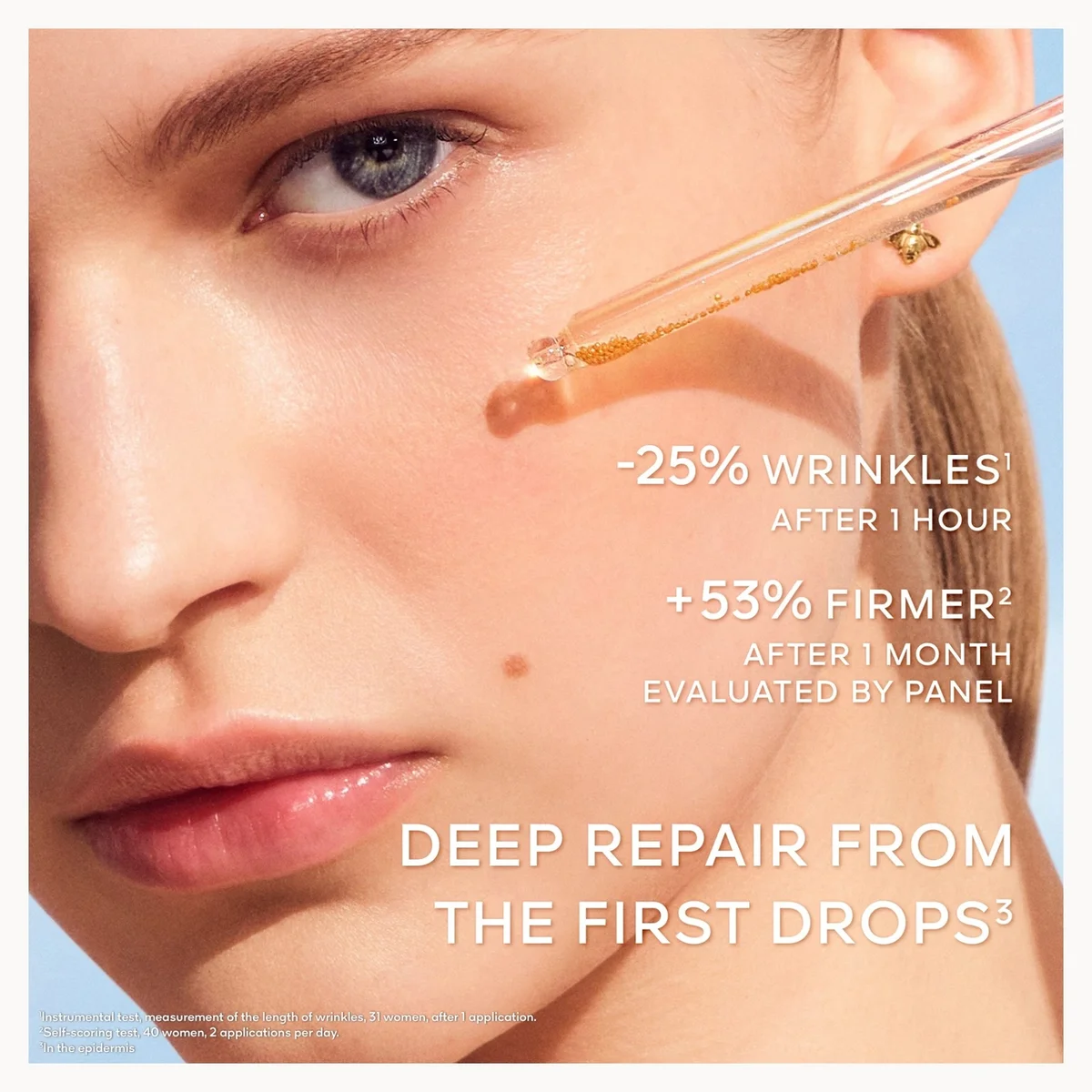 Close-up of a woman's face with text about skincare product effects on wrinkles and firmness.