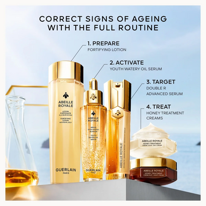 Cosmetic products with step-by-step guide on skincare routine on a light blue background