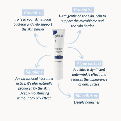 Galinee skincare product with text explaining its ingredients on a white background