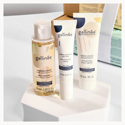 Gallinée skincare products including a bottle, tube, and box on a white surface.