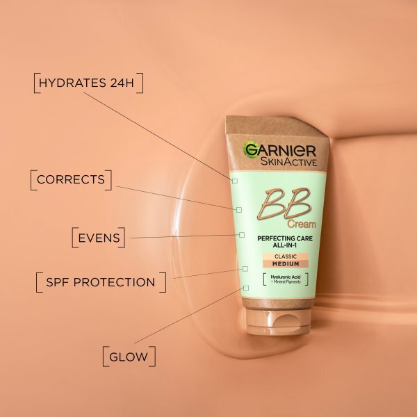 Garnier BB Cream tube on a peach background with text highlighting features