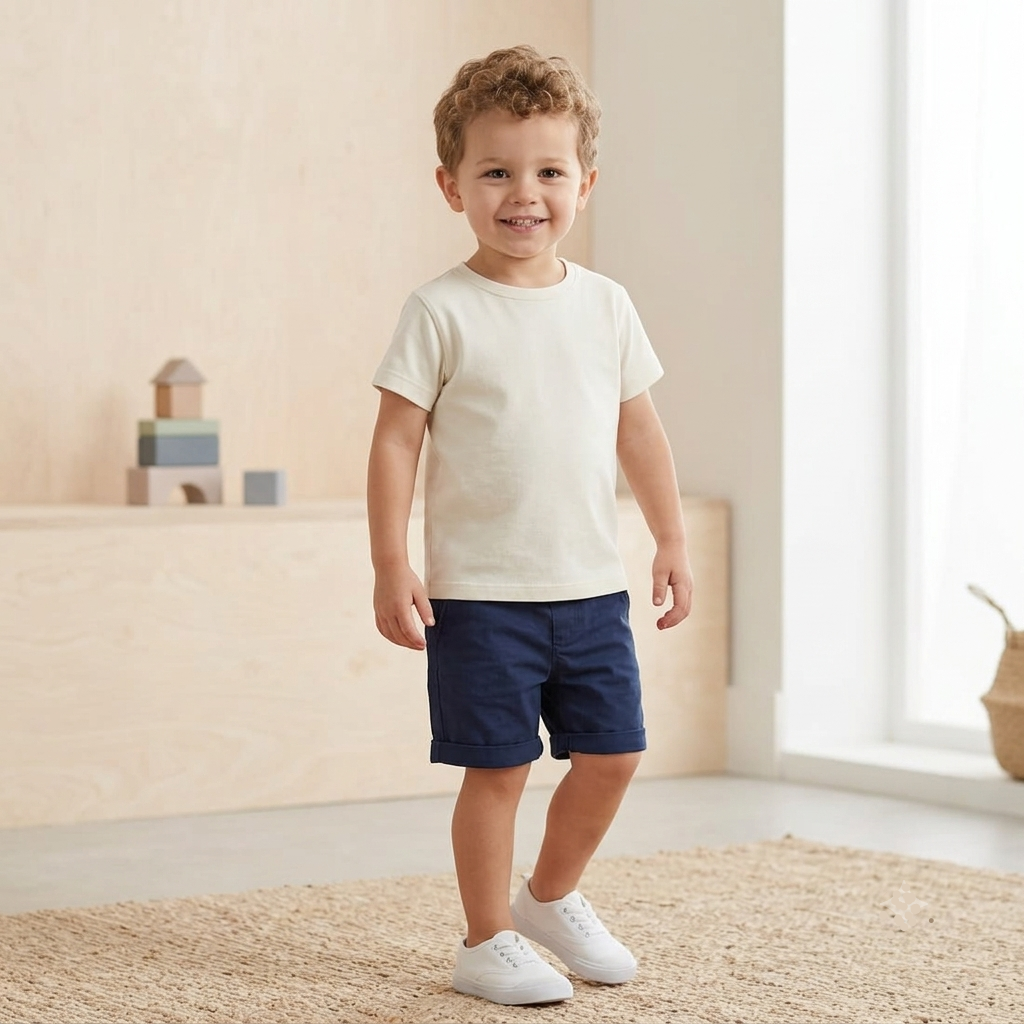A young child wearing a cream short-sleeve t-shirt and navy blue shorts, standing on a textured beige rug in a bright, modern room with light wood walls.