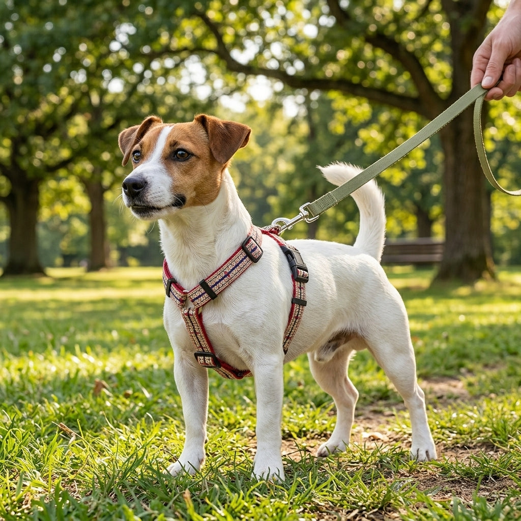 A small white and tan dog standing on grass in a sunny park, wearing a red and black patterned harness with a green leash held by a person's hand.