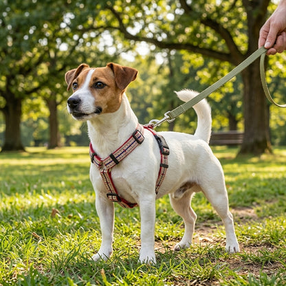 A small white and tan dog standing on grass in a sunny park, wearing a red and black patterned harness with a green leash held by a person's hand.