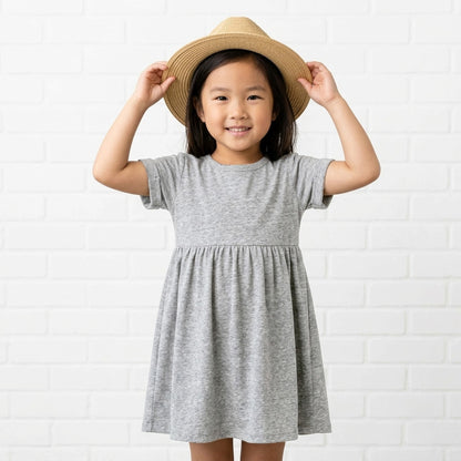 Girls Short Sleeve A-Line Cotton Jersey Dress - Grey