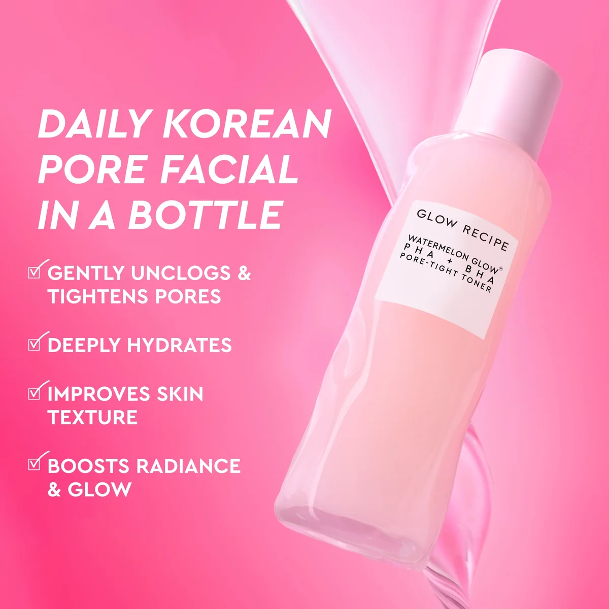 Glow Recipe skincare bottle on a pink background with product features listed.