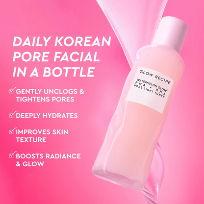 Glow Recipe skincare bottle on a pink background with product features listed.