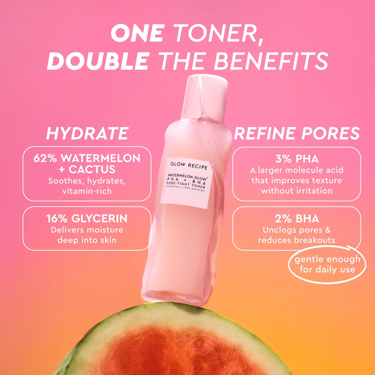 Glow Recipe watermelon-aloe-bha toner bottle with pink gradient background and text about benefits.