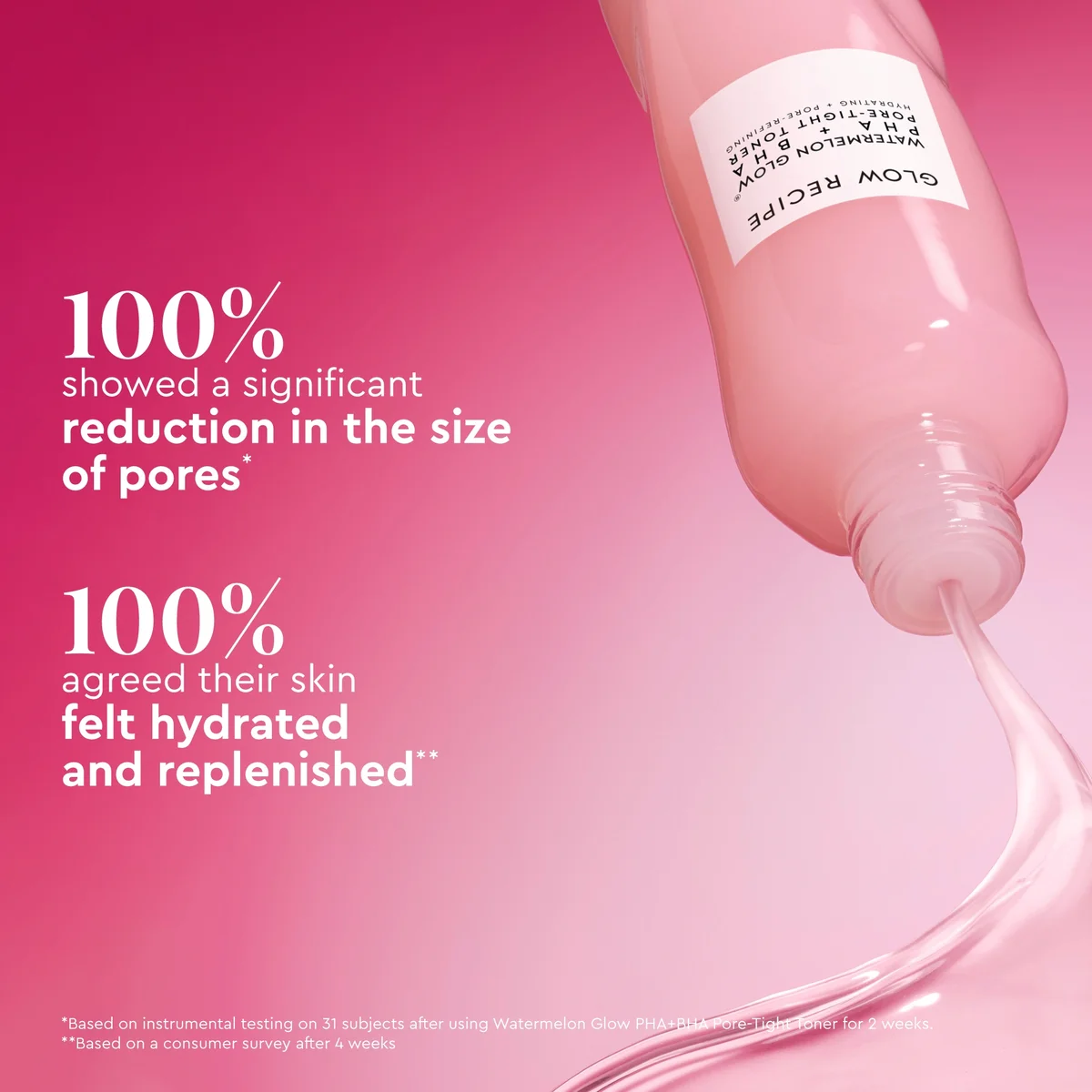 Pink skincare product with text on a pink background