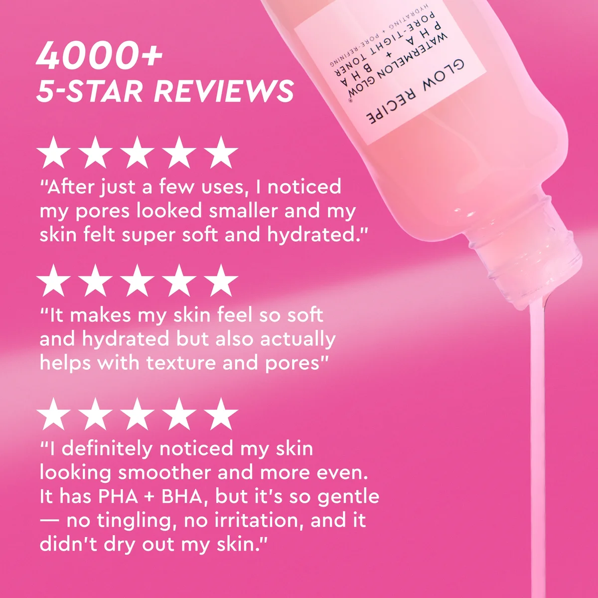Product bottle with pink background and customer reviews on a pink background