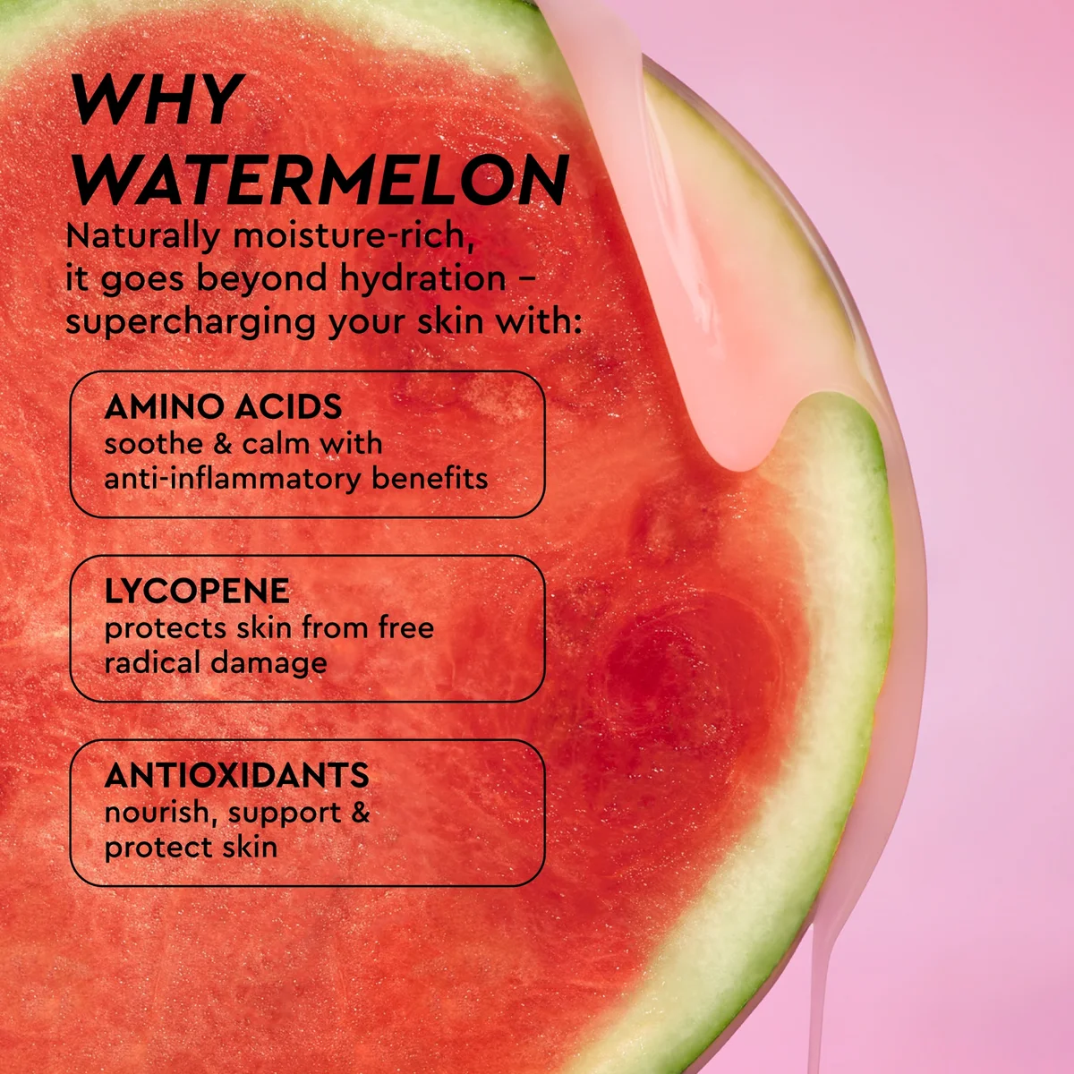 Sliced watermelon with text about its skin benefits on a pink background