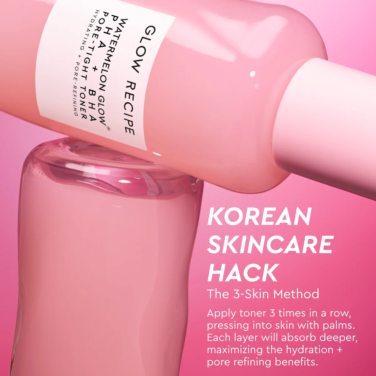 Pink skincare bottle with text on a pink background